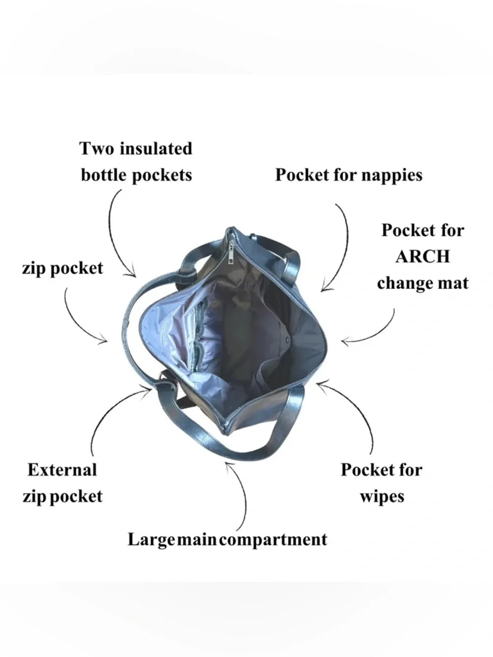 The Luxe Arch Nappy Bag - Gray/Black Changing Pad, Dust Bag, Pram Clips Included